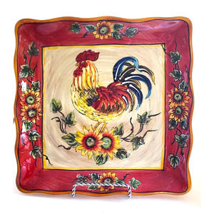 PLATTER/SERVING DISH-GALLO-Ceramic-Rooster-Sunflowers-Ruffled Edge-Decor-11"x11"